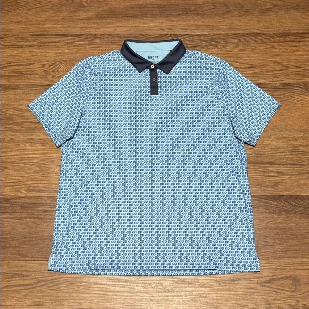Rhone Blue Geometric Polo Shirt Black Collar Mens XXL Performance